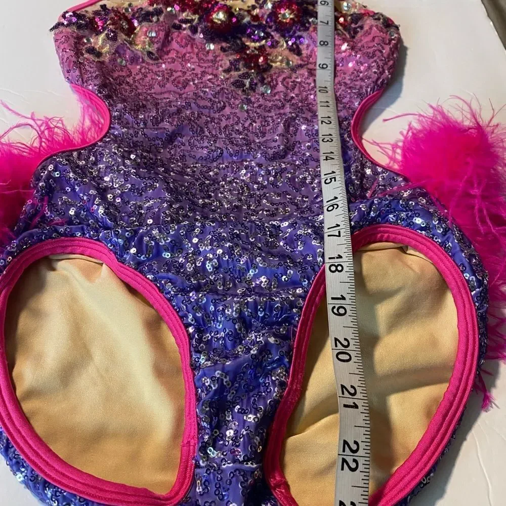 Glamour solo dance costume purple pink feather rhinestone jazz LC-large child